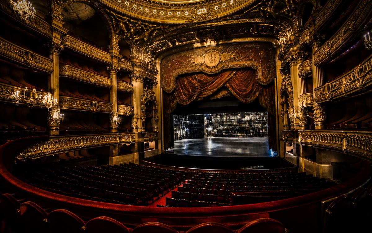 Intérieur d'un opéra à l'italienne avec fauteuils rouges et scène vide