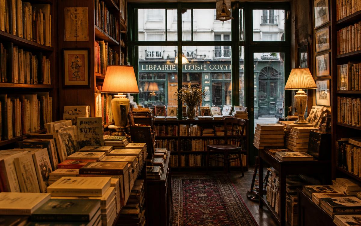 Intérieur chaleureux d'une librairie indépendante parisienne