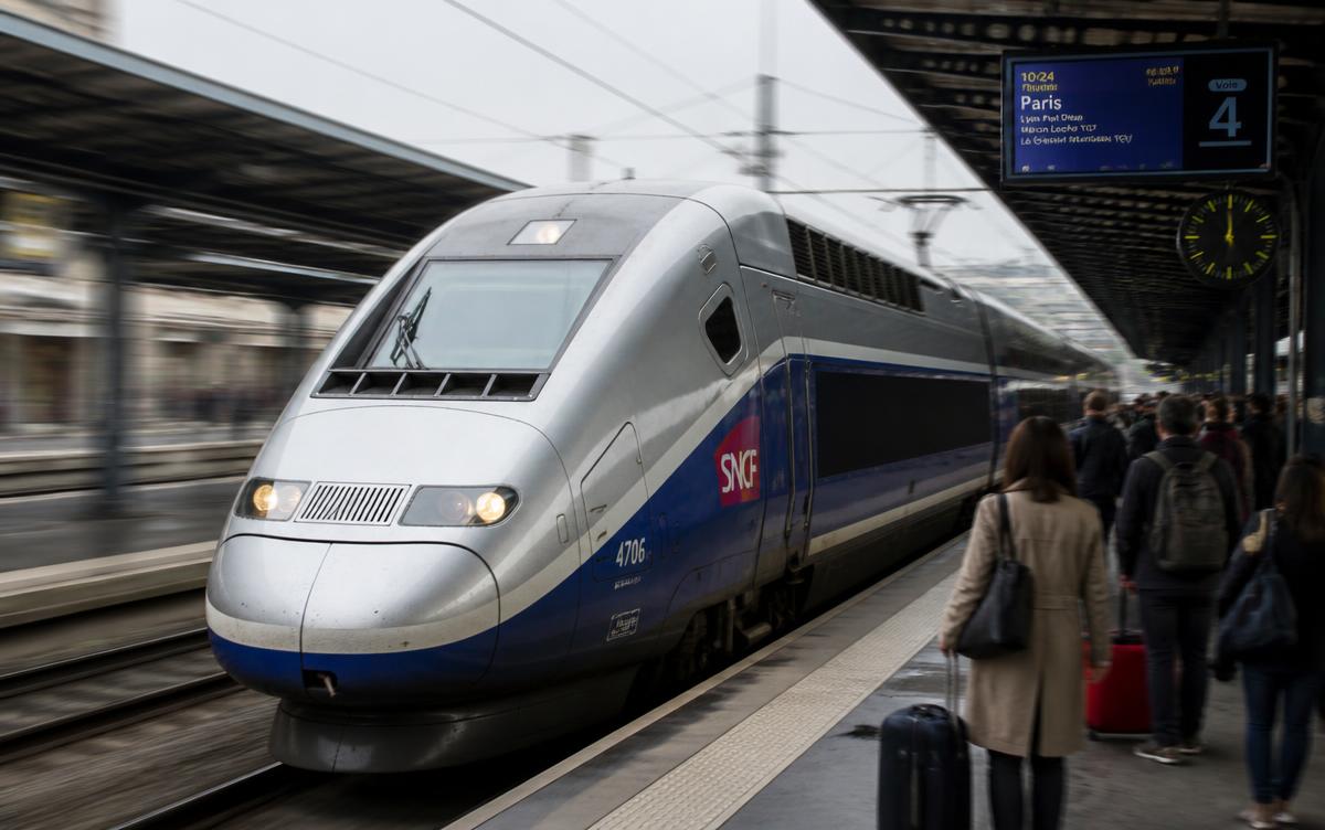 Train à grande vitesse entrant en gare avec des voyageurs sur le quai