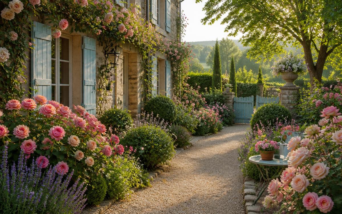 Jardin de campagne français avec rosiers en fleurs et allée de gravier