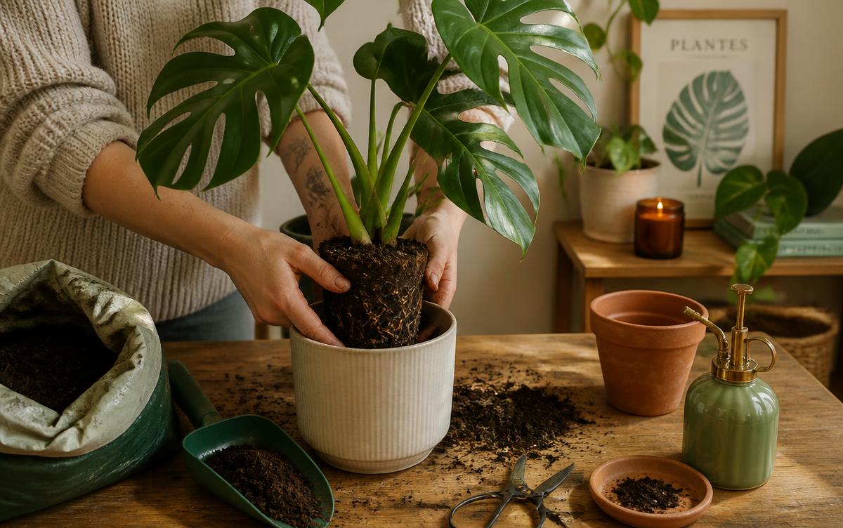 Mains rempotant une plante monstera sur une table en bois