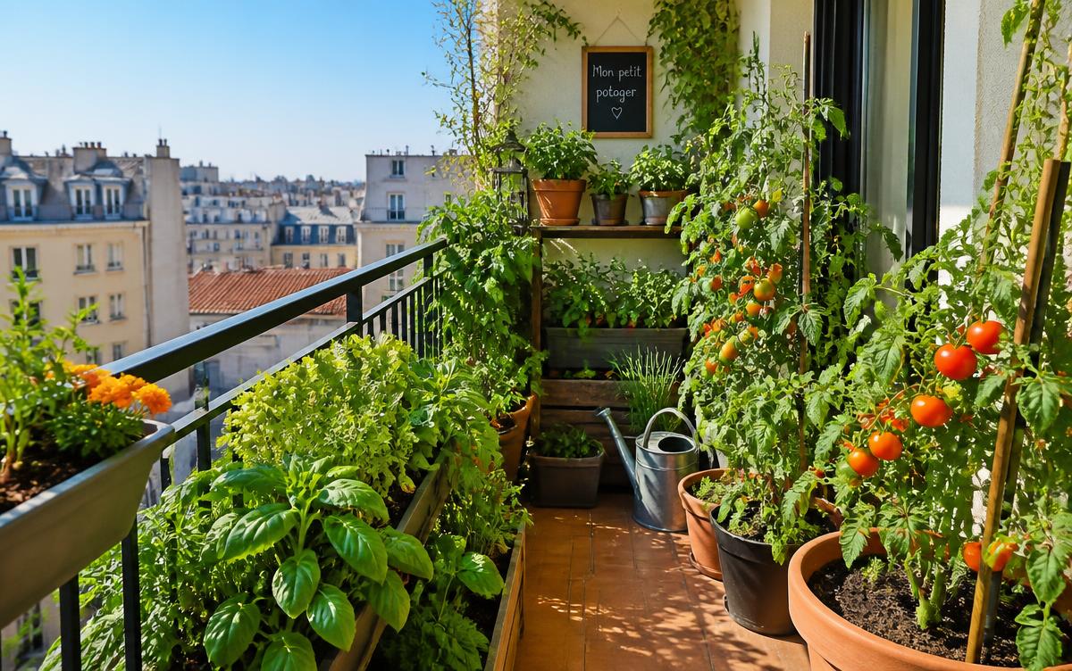 Balcon urbain transformé en potager avec plants de tomates en pots