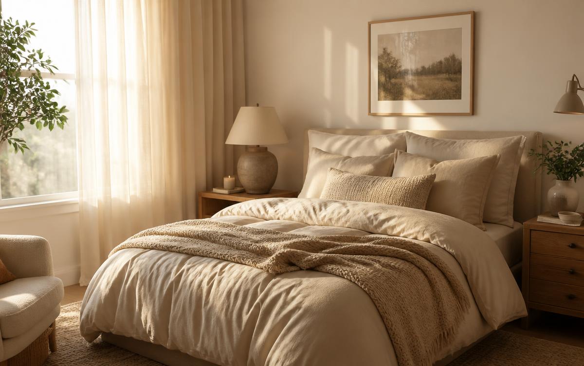 Chambre cosy avec literie beige et lumière du matin