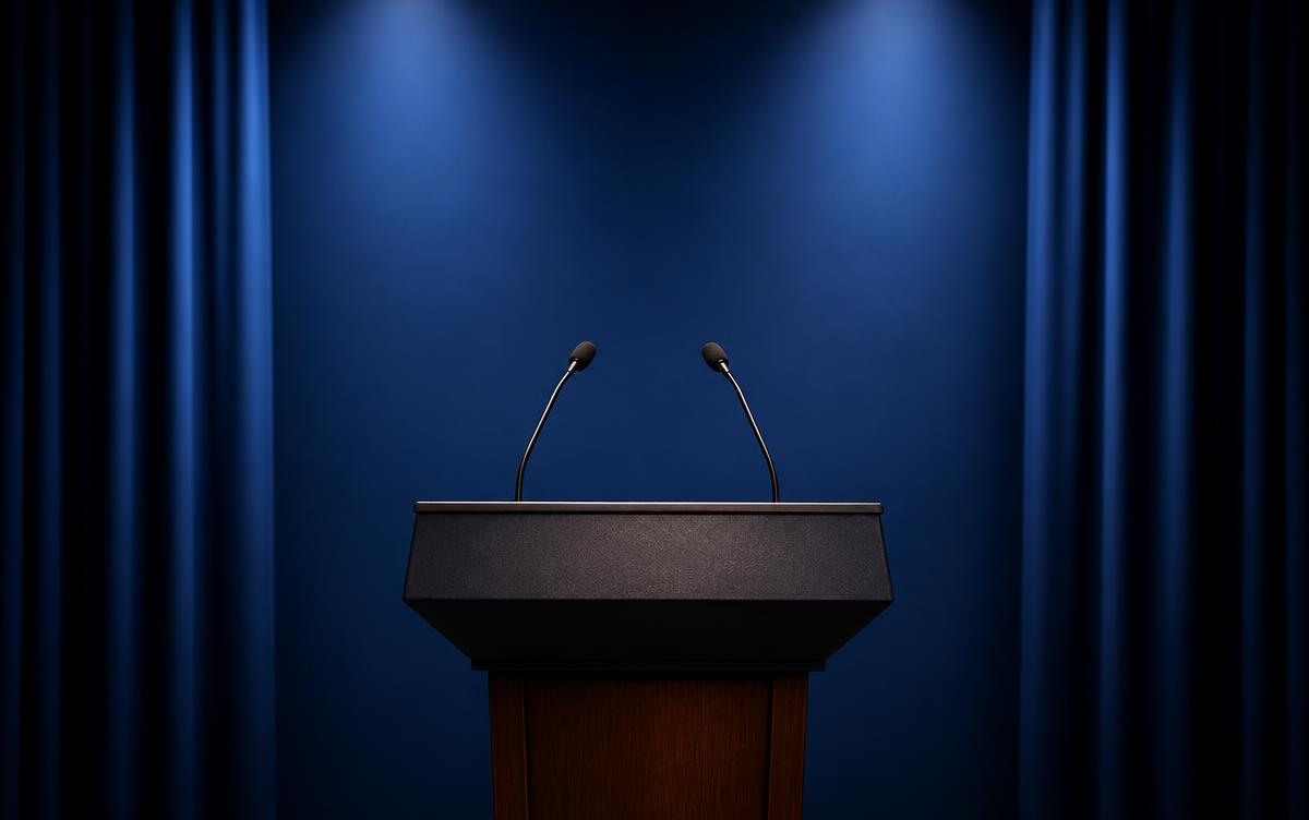 Pupitre de conférence de presse avec micros, fond bleu