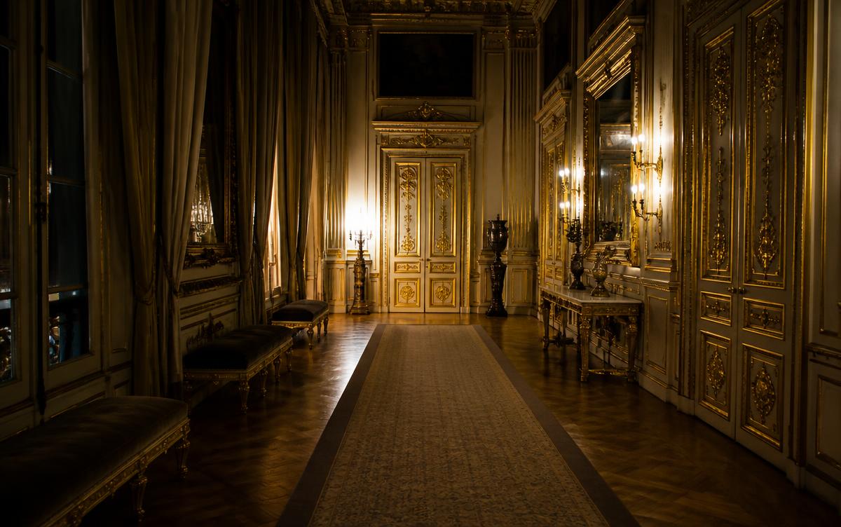Couloir doré d'un palais gouvernemental la nuit