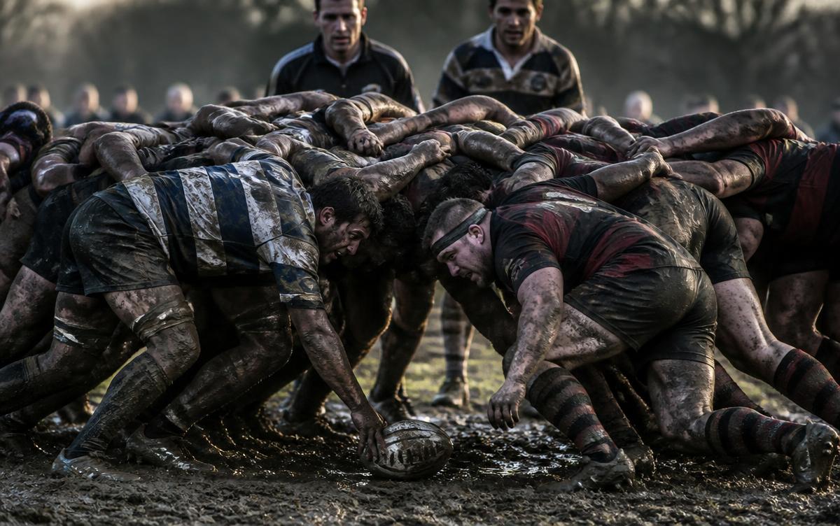 Mêlée de rugby dans la boue lors d'un match intense