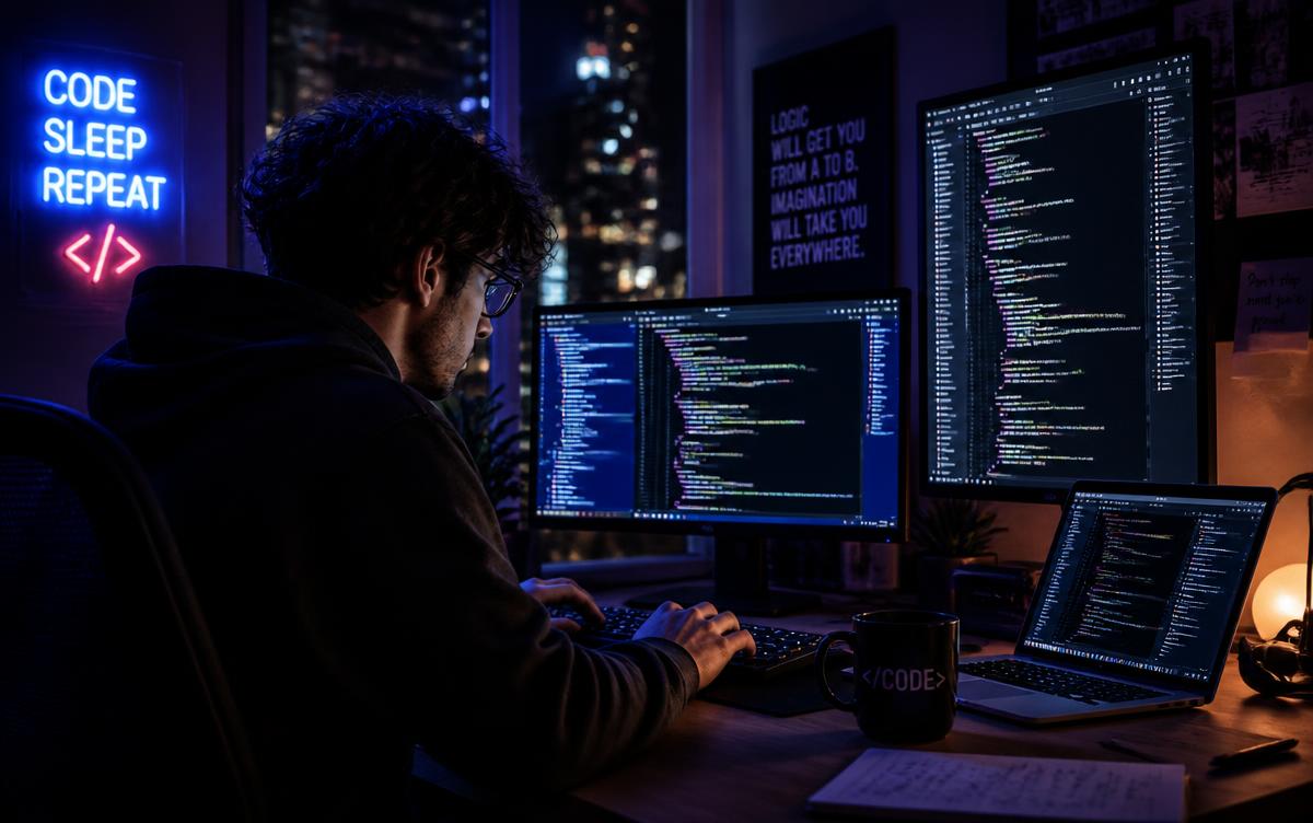 Développeur travaillant de nuit devant plusieurs écrans de code
