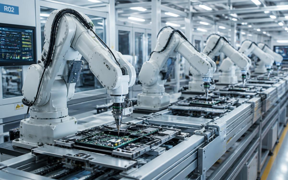 Bras robotisés assemblant des composants électroniques en usine